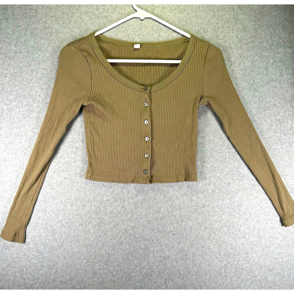 Uniqlo Top Womens XS Green Ribbed Knit Cropped Button Front Long Sleeve
